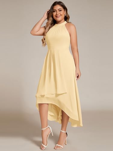 Image of Ever-Pretty Plus Women's Sleeveless Halter A Line Pleated High Low Plus Size Wedding Guest Cocktail Dresses 31926-DA