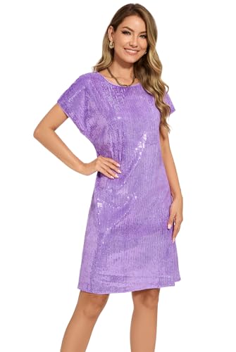 Image of Women's Crewneck Sequin Shift Dress Short Sleeve Casual Holiday Sparkly Party Dress
