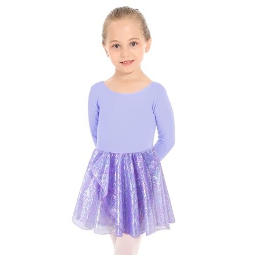 Girls' Long Sleeve Criss-Cross Back Dance Leotard with Dress Mouse Ear Cutout Back, Purple, 6Y4