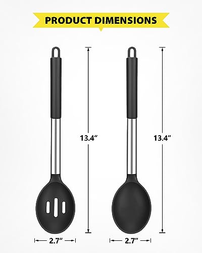2 Pcs Silicone Cooking Spoons, Solid and Slotted Spoon Set, Non-Stick BPA Free Heat-Resistant Basting Kitchenware for Soup, Serving, Draining, Stirring(Black) - Image 3