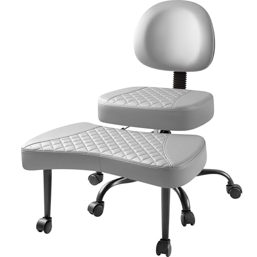 Image of Furmax Ergonomic Criss Cross Legged Office Chair with Wheels, 360Swivel Adjustable Height Kneeling Desk Chair with Footrest for ADHD, Yoga, Meditation, Home Office (Leather, Gray)