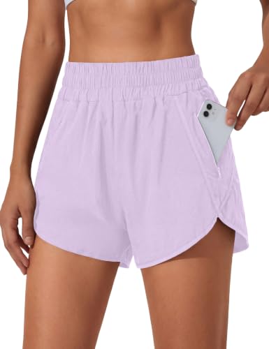 Image of BMJL Women's Athletic Shorts Running Workout Shorts Gym High Waisted Summer Short with Waistband Pocket | built-in liner,thick elastic waistband,split side,comfy fabric,zipper pocket,longer back,workout,athletic,curved back line