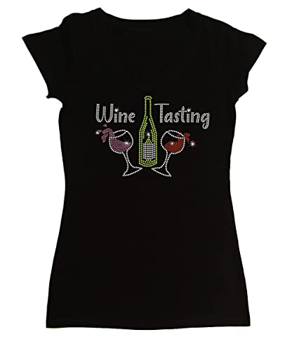 Women's Rhinestone Fitted Tight Snug Shirt Wine Tasting - Wine Glasses and Wine Bottles (Black Cap Sleeve, 3X)