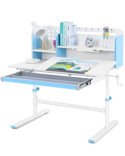 COSVALVE 39in Wide Adjustable Height Kids Desk with Tilting Desktop, Steel Frame, Drawer, and Bookshelf Hutch, Study Child Table for Ages 3-12, Blue