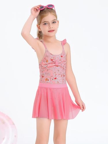 Haloumoning Girls One Piece Swimsuits Kids Bathing Suits Ruffle Bow Floral Beach Swimwear with Skirt 5-14 Years2