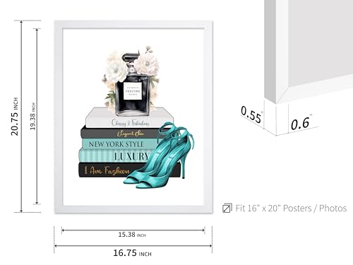 Image of Poster Master Fashion Print - Blue Designer Poster - Shoes & Perfume Art - Chic Gift for Her & Fashionista - Luxury Haute Couture Decor for Bedroom or Girl's Room - 16x20 White Framed