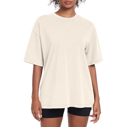 Womens Washed Vintage Oversized T-Shirt Baggy Workout Tops Short Sleeve Cotton Tshirts Streetwear Boyfriend Tee(W-Beige,l)