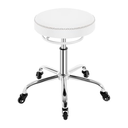 WOLTU Taburete con Ruedas, Taburete Oficina de PU, Silla de Trabajo, Altura Ajustable, Silla Giratoria para Masajes, Oficina, Clínica y Laboratorio, Blanco, BS180ws