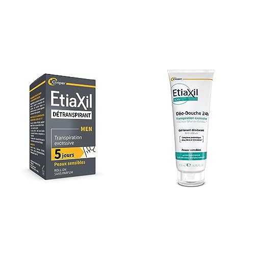 ETIAXIL - Détranspirant MEN - Traitement Transpiration Excessive - Aisselles - Peaux Sensibles - 15 ml & Déo-Douche - Gel Douche Transpiration Excessive - Corps - Peaux sensibles - 200 ml