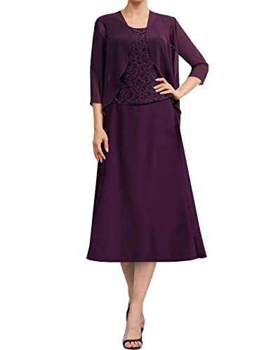 Mother Of The Bride Dresses For Wedding Chiffon Lace Formal Evening Dresses Tea Length Grandmother Dresses With Jacket Coral Us14 #TOP2