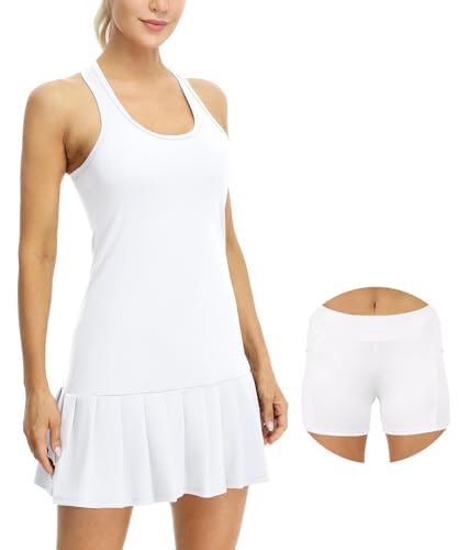 icyzone Vestido de Tenis para Mujer con Pantalones Cortos Racerback para Deporte, Golf (L, Blanco)