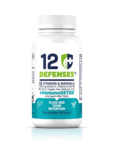 Multivitaminas Defensas con Efecto Detox – Retencion de líquidos y toxinas - Alcachofa, Cardo Mariano - Vitaminas, Minerales - Vitamina C, Vitamina D, Vitamina B12-60 Cápsulas Veganas – 12 Defenses