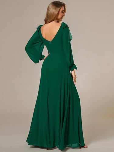 Image of Ever-Pretty Women's Fall Winter Formal Wedding Guest Dress Long Sleeve V Neck Chiffon Floor Length Bridesmaid Dresses 80116