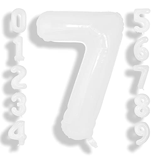 Image of SUWEN 40 Inch White Large 7 Balloon Number Big Foil Helium Numbers 0-9 | Giant Jumbo Happy 7th Birthday Party Decorations for Men or Women Huge Mylar Anniversary Party Supplies