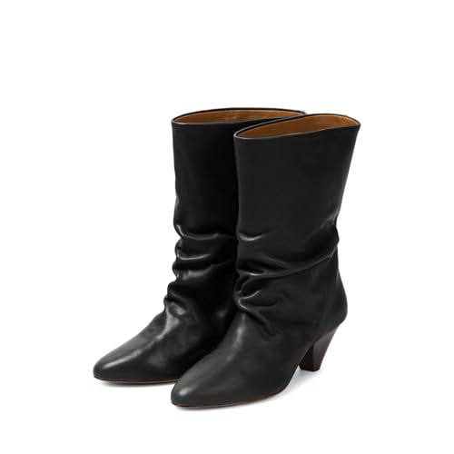 anteikira Women's Pointed Toe Low Chunky Heel Slouch Boots Pleated Mid Calf Boots Block Low Heel Boot for Women Size 5.5-12US