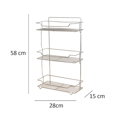 Image of Krevia 3 Tier Multifunctional Storage Rack for Kitchen | Free Standing & Hanging Stainless Steel Spice Organizer | Stackable and Practical Fruit Rack for Kitchen, Pantry, Bathroom (Silver)