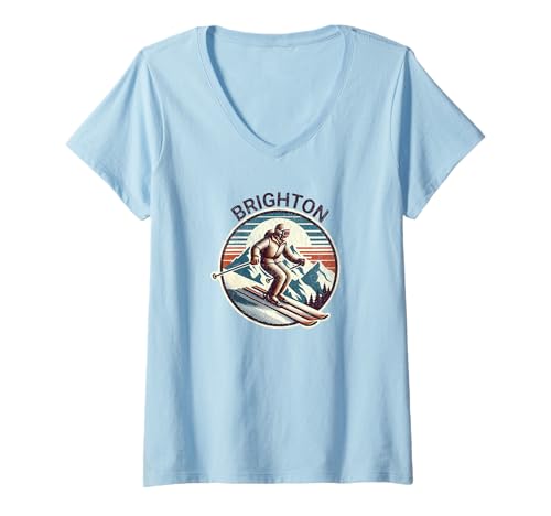 Mujer Retro Vintage Brighton Utah Ski Resort Esquí de invierno Camiseta Cuello V