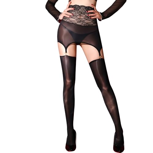Women's Sexy 8D Oil Shiny Glosy Suspender Pantyhose Mini Skirts with Thigh High Stockings with 4 Metal Clips
