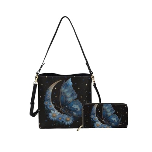 Image of HUGS IDEA Leather Purses and Handbag for Women Bucket Bag with Wrist Wallet 2 Packs