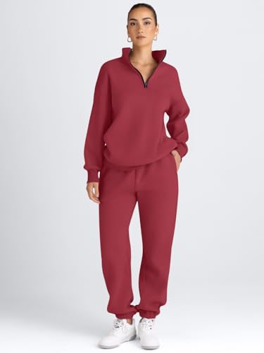 Image of AUTOMET Women's Sweatsuits 2 Piece Outfits Lounge Sets | Cozy Airport Outfits,Casual Sweat Sets for Fall and Winter,Half Zip Pullover and Baggy Sweatpants with Pockets