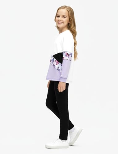 Image of PATPAT Girls 2 Piece Outfits Size 12-13 Years, Purple Butterfly Color Block Sweatshirts and Leggings Clothing Sets Sweatsuit Fall Outfits Joggers Lounge Set Tracksuit Preppy Clothes for Girls
