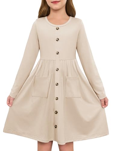 Girls Dresses Kids Button Down Midi Long Sleeve Casual A Line Dress with Pockets 4-14 Years