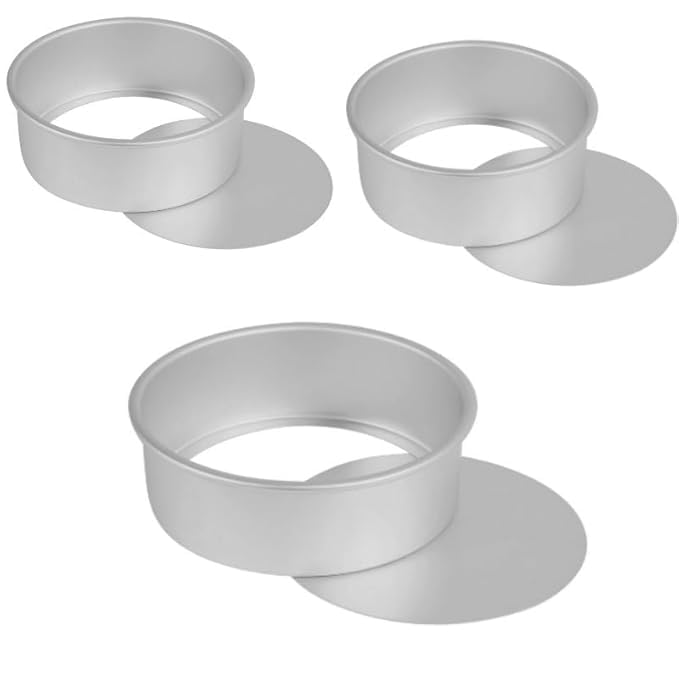 Round Aluminium Cake Mould with Removable Bottom, Silver Set of 3-6, 7, 8 Inch x 2 Inch
