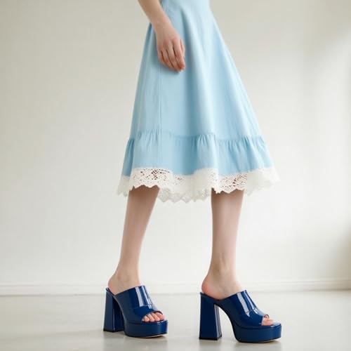Image of Women Square Open Toe Platform Chunky Heel Slide Sandals | Slip On High Heel Dress Sandals, Elegant Formal Footwear For Wedding Club Evening Party Events