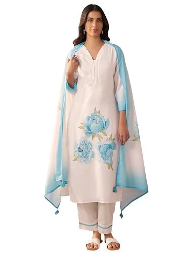 Image of INDO ERA Women's Straight Linen Floral Print Sequins work Kurta Pant with Dupatta Set