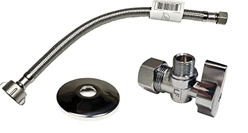 Black Friday Clearance Complete Toilet Set Valve 1/2 in. NOM Inlet x 3/8 in. OD Compression Outlet Angle Shut Off + Escutcheon Plate + 12" Long Stainless Steel Braided Brass Nut Water Supply Line
