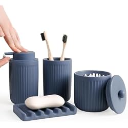 INGOFIN 4 Pcs Ceramic Bathroom Accessory Set - Liquid Soap Dispenser, Toothbrush Holder,Contain Cotton Swab Jar & Soap Dish,Countertop Accessories for Home, Guest Bathroom, Office, Matte Blue