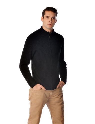 Cashmere Boutique: Men's 100% Pure Cashmere Zip Cardigan Jacket Style Sweater (Color: Black, Size: Small)