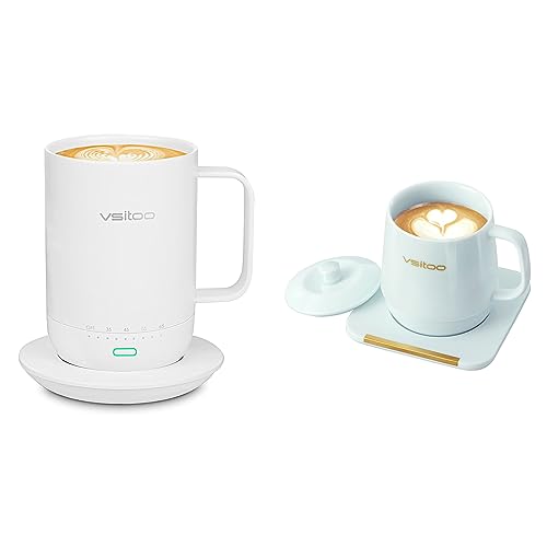 Vsitoo Temperature Control Smart Mug S3pro, 14 oz, White + Coffee Mug Warmer&Mug Set, Green