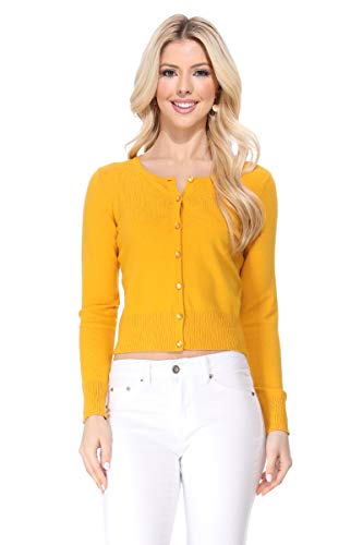 Image of Women's Cropped Cardigan Sweater - Long Sleeve Crewneck Basic Classic Casual Button Down Knit Soft Lightweight Top