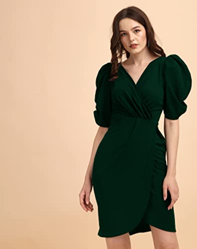 Image of Sheetal Associates Women's Puff Sleeve V-Neck Bodycon Casual Mini Dress