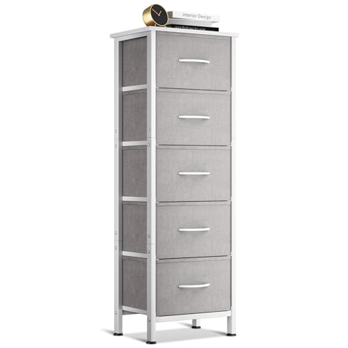 Coleshome Comoda Dormitorio, Comoda Estrecha y Alta con 5 Cajones de Tela, Estructura de Acero Resistente y Tablero de Madera, Ideal para Dormitorio y Salón, 40 x 30 x 120 cm, Gris Claro