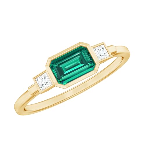 Certified Lab Grown Emerald Engagement Ring in Yellow Gold Plated Silver, Aaaa Quality, Emerald Diamond Ring - Gift For Her