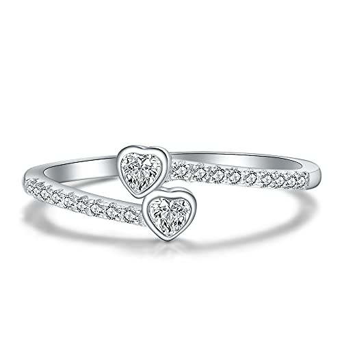 14K White Gold Plated Double Heart Eternity Ring Bezel Setting Round AAAAA Cubic Zirconia Wedding Ring Promise Ring for Her Size 6-102