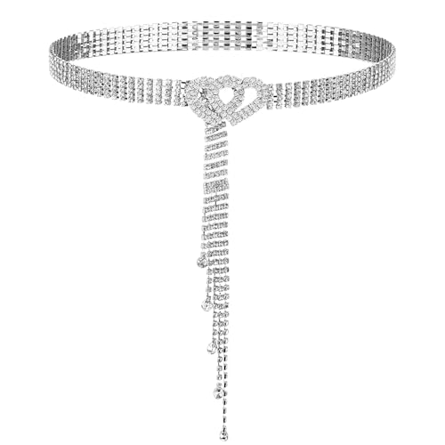 JIEYAO Crystal Belt with Heart Buckle, Adjustable Rhinestone Waist Chain Belt Sparkle Diamond Waistband Belt for Women Dress