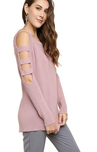 Umgee Women's Long Sleeve Boatneck Pullover Sweater With Lattice Cutout Sleeves (Medium, Light Mauve) #TOP2