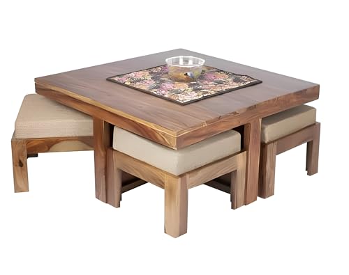 Image of Loonart Solid Sheesham Wood Coffee Table with Four Cushioned Stools | Idel for Living Room | Cafe | Restaurant | Space Saving Indoor Table Set | Finish Color - Rustic Teak Finish | Beige Cushion |