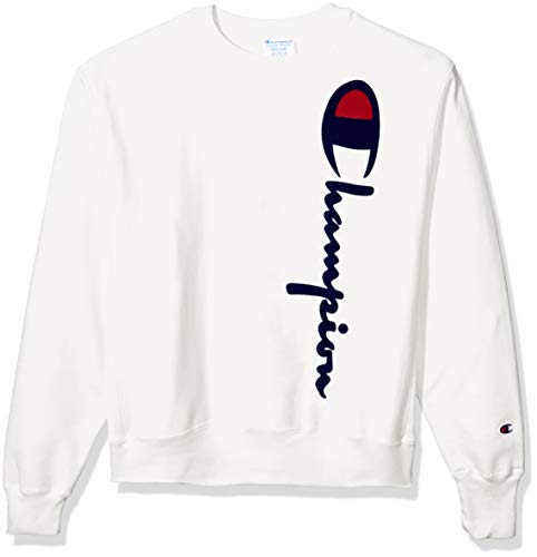 Champion LIFE Men's Reverse Weave Crew-Oversized Flock Script, White, Medium