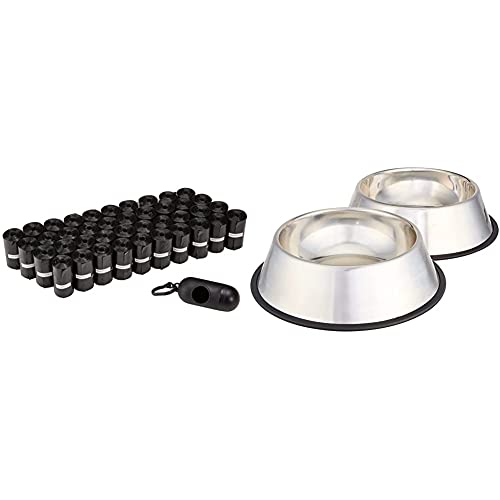 Amazon Basics Bolsas para excrementos de perro con dispensador y clip para correa (600 bolsas) + Comedero para perro (acero inoxidable, 2 unidades)