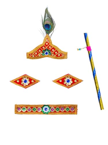 Image of Shri Krishna Costume Set - Ethnic Wear with Golden Jari Angavastram & Dhoti, Traditional Dress Set of 7 for Boys & Girls - Ideal for Janmashtami, Fancy Dress, and Festivals