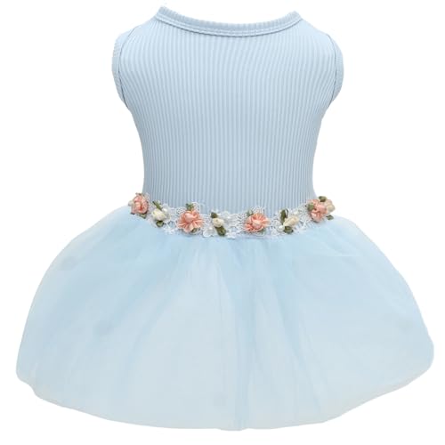 Image of CuteBone Blue Tulle Skirt Dog Wedding Bridesmaid Dress for Puppy with Lace Trim at Waist - Comfortable, Stylish, and Perfect for Special Occasions HBQ03L