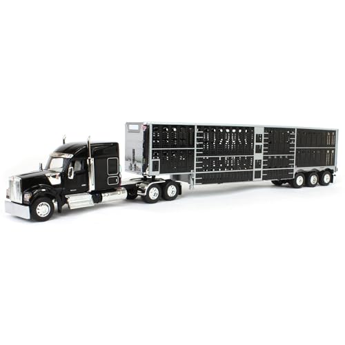 Camión Kenworth W990 escala 1/64 con remolque negro plata miniatura 1