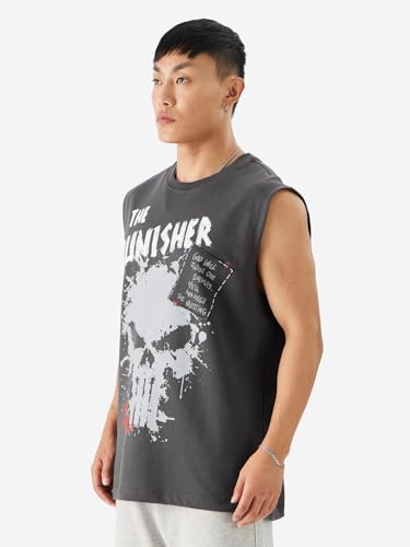 Image of The Souled Store Official Punisher: Graffiti Men and Boys Round Neck Sleeveless Grey Graphic Printed Regular Fit Cotton Vests
