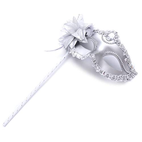 EXCEART 3pcs Masquerade with Stick and Feather Half-Face for Carnival Prom, Ball, Fancy Dress, Venetian, Halloween - Silver