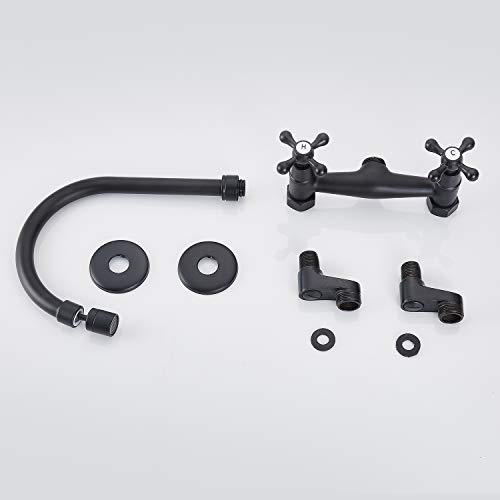 Matte Black Wall Mount Kitchen Sink Faucet 6 Inch Center Mixer Tap 360 Degree Swivel Spout Double Cross Handle