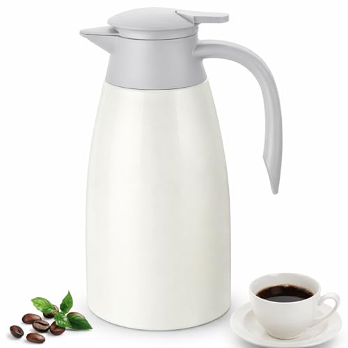 Osrioal 2L Insulated Coffee Carafe - Stainless Steel Thermal Pot with Press Button Top for Hot and Cold Beverages, White